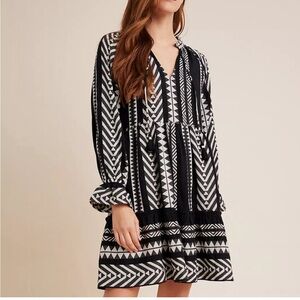Maeve  Long Sleeve Dress iBlack Printed  XS Boho Western  Mini Relaxed Fit